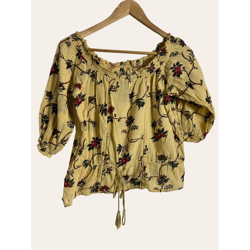 Ralph Lauren Denim & Supply Yellow Floral Print Smocked 3/4 Sleeve Blouse Size S